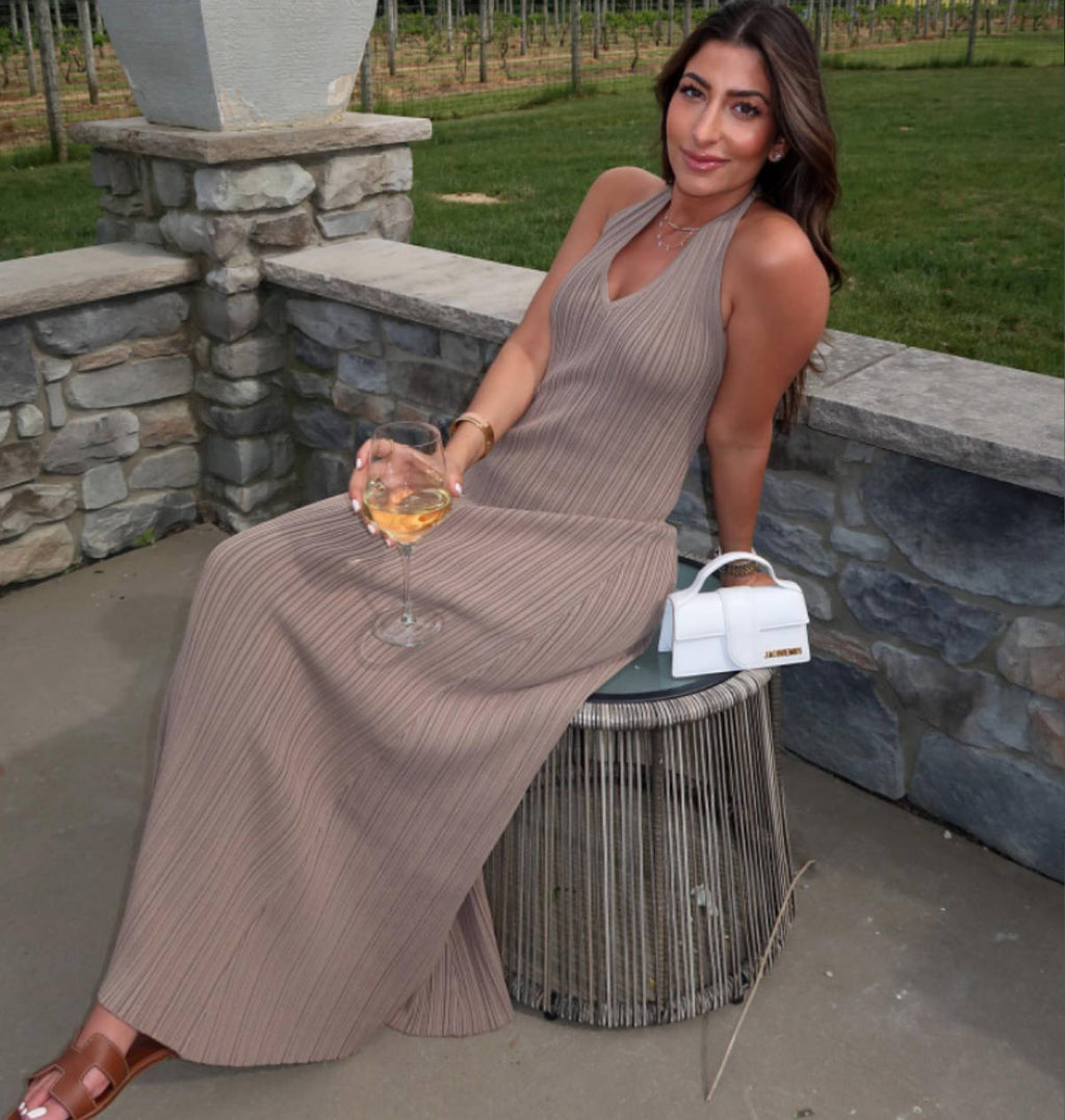 Sunken Stripe V Neck Slimming Knitted Long Backless Lace Up Dress Casual Waist Tight Women