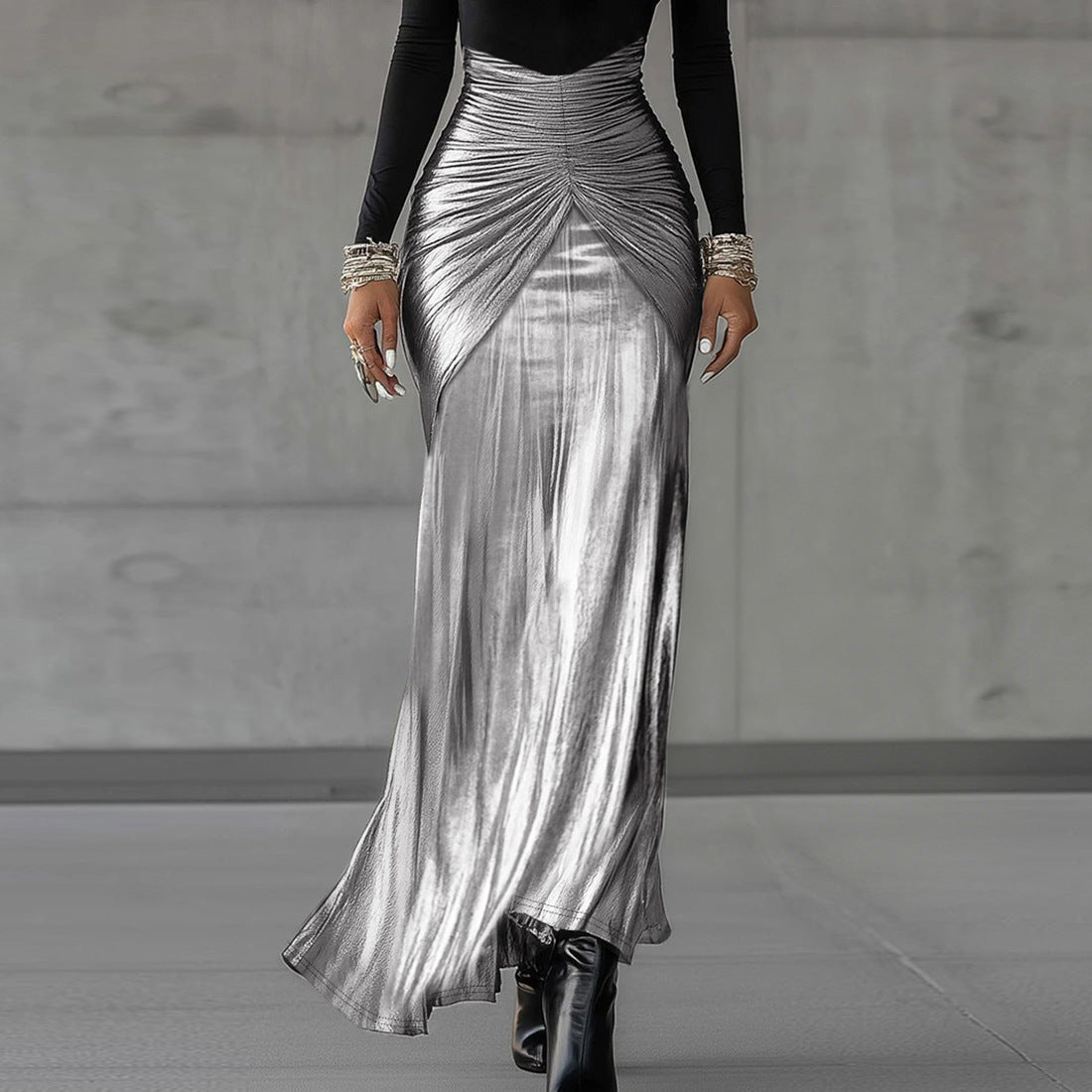 Winter Women Clothing Fashionable Elegant Long Sleeve Stitching Ruffle Waist Tight Elegant Dress