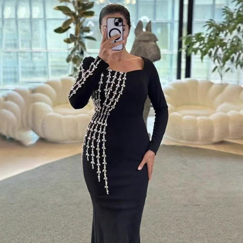 Square Collar Elegant Slim Fit Diamond Embedded Bandage Dress Ladies Party Party Evening Dress