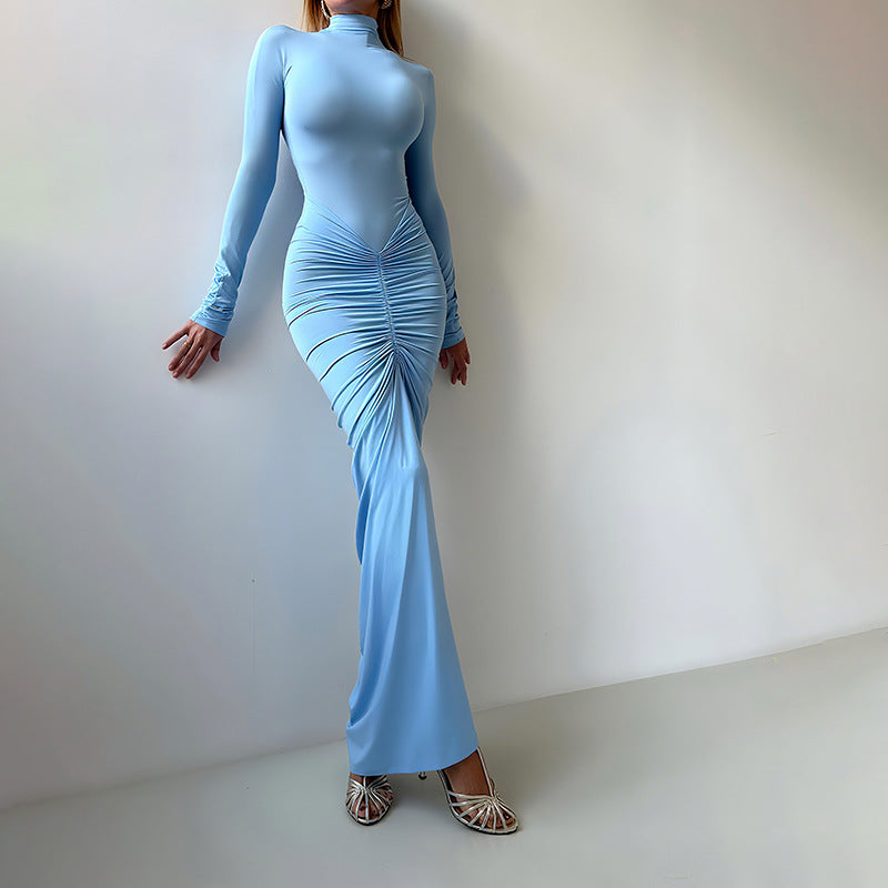 Robe d'automne élégante et cintrée à col roulé plissé et manches longues, couleur unie, pour femme