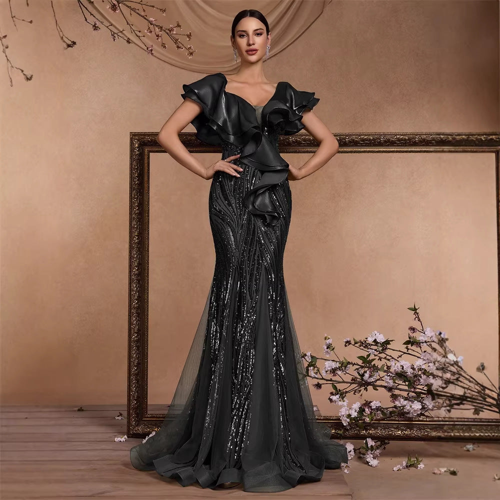 Elegante vestido de cóctel con lentejuelas y mangas con volantes, elegante vestido de cena con espalda descubierta y cola de pez de lujo para graduación y noche.