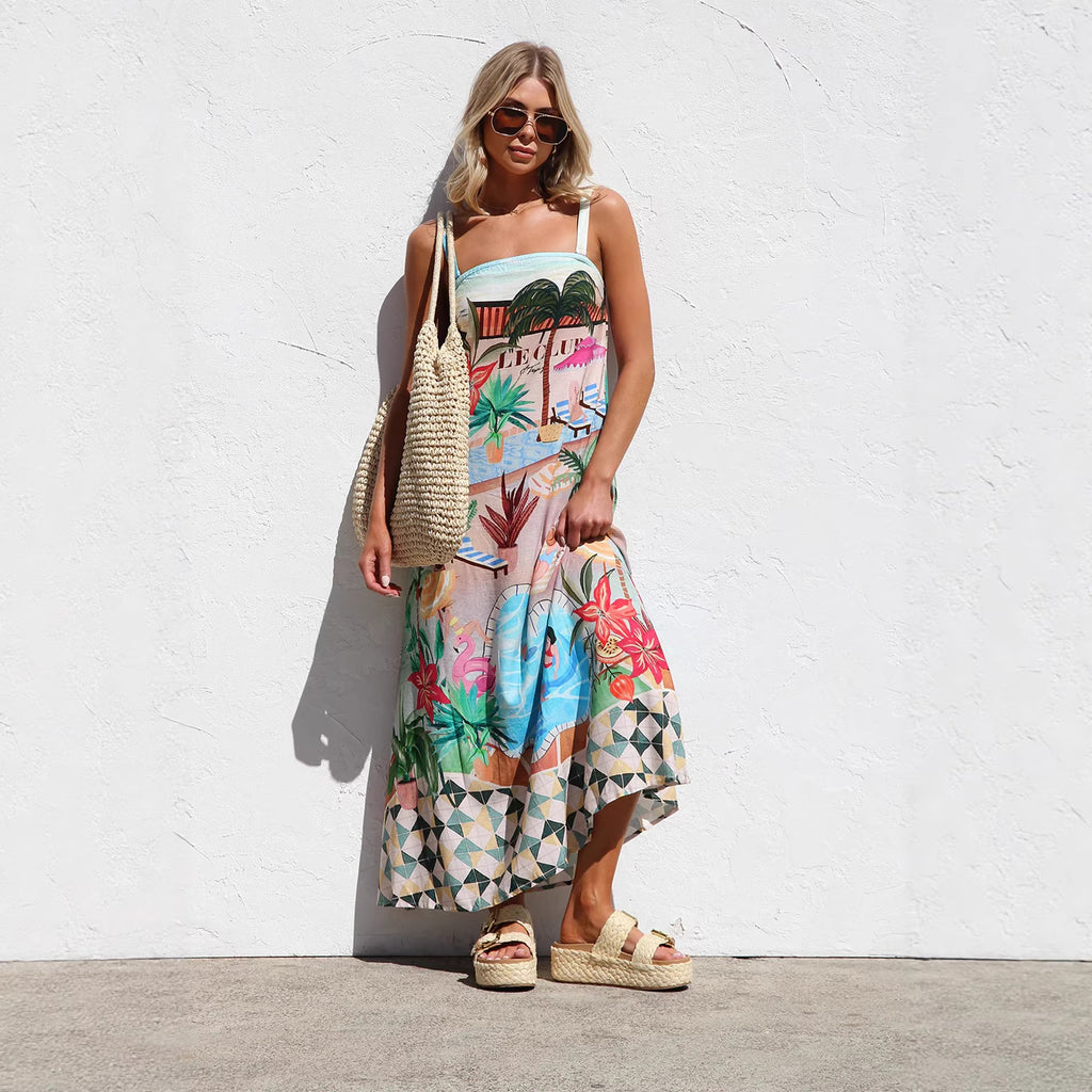 Sexy Sling Graffiti Printing Large Swing Dress Women