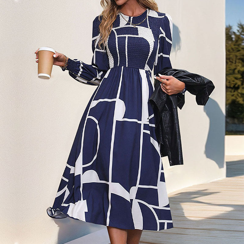 Robe imprimée à manches longues et smocks pour femme, collection automne-hiver