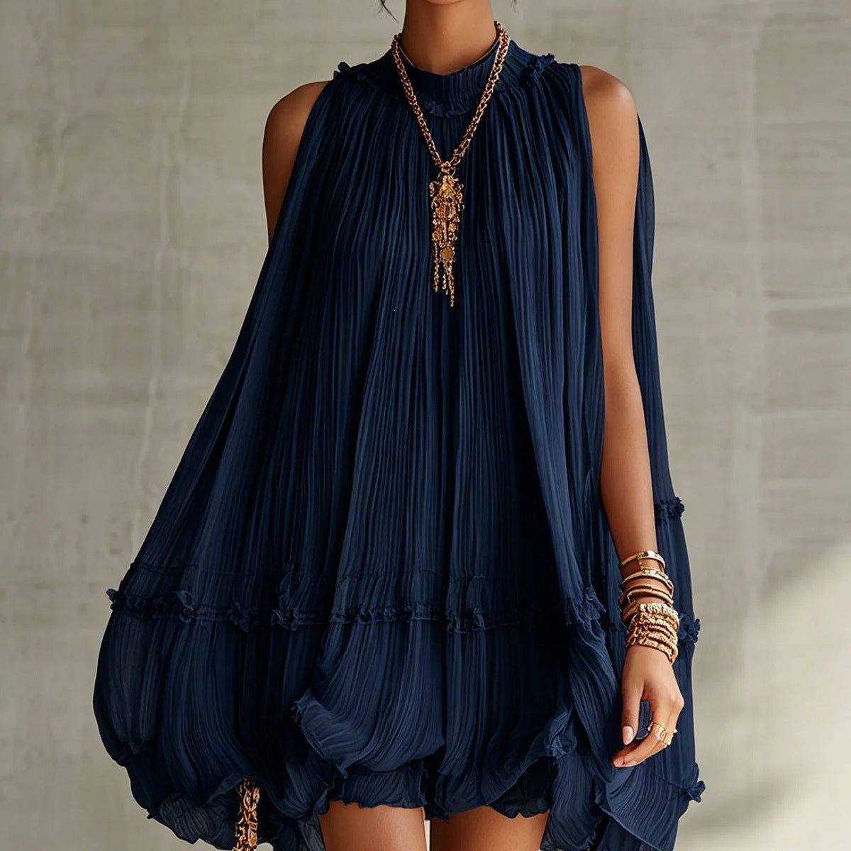 Sleeveless Pleated Dress Women Loose Big Hem A line Girl Dress Holiday Dress