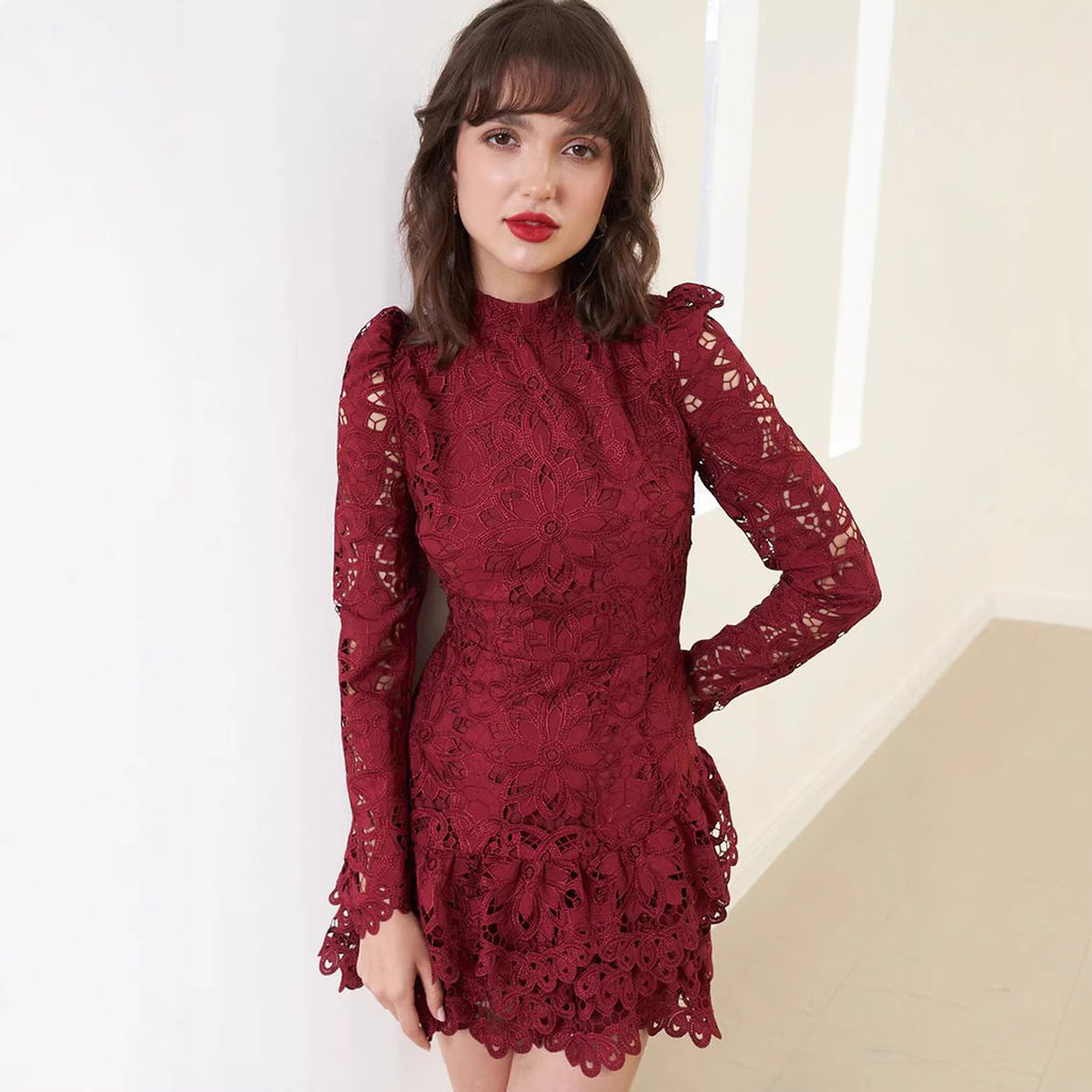 Stand Collar Long Sleeve Embroidered Floral Mesh Short Dress Hollow Out Cutout Three Dimensional Floral Lace Dress