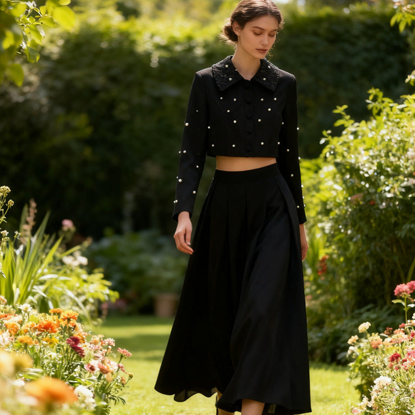 Spring Elegant Pleated Slim Maxi Dress Solid Color Beaded Collared Long Sleeve Two Piece Sets Women