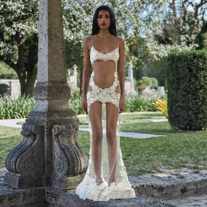Vestido de verano para mujer, de malla, con encaje y tirantes finos, transparente, sexy, para vacaciones
