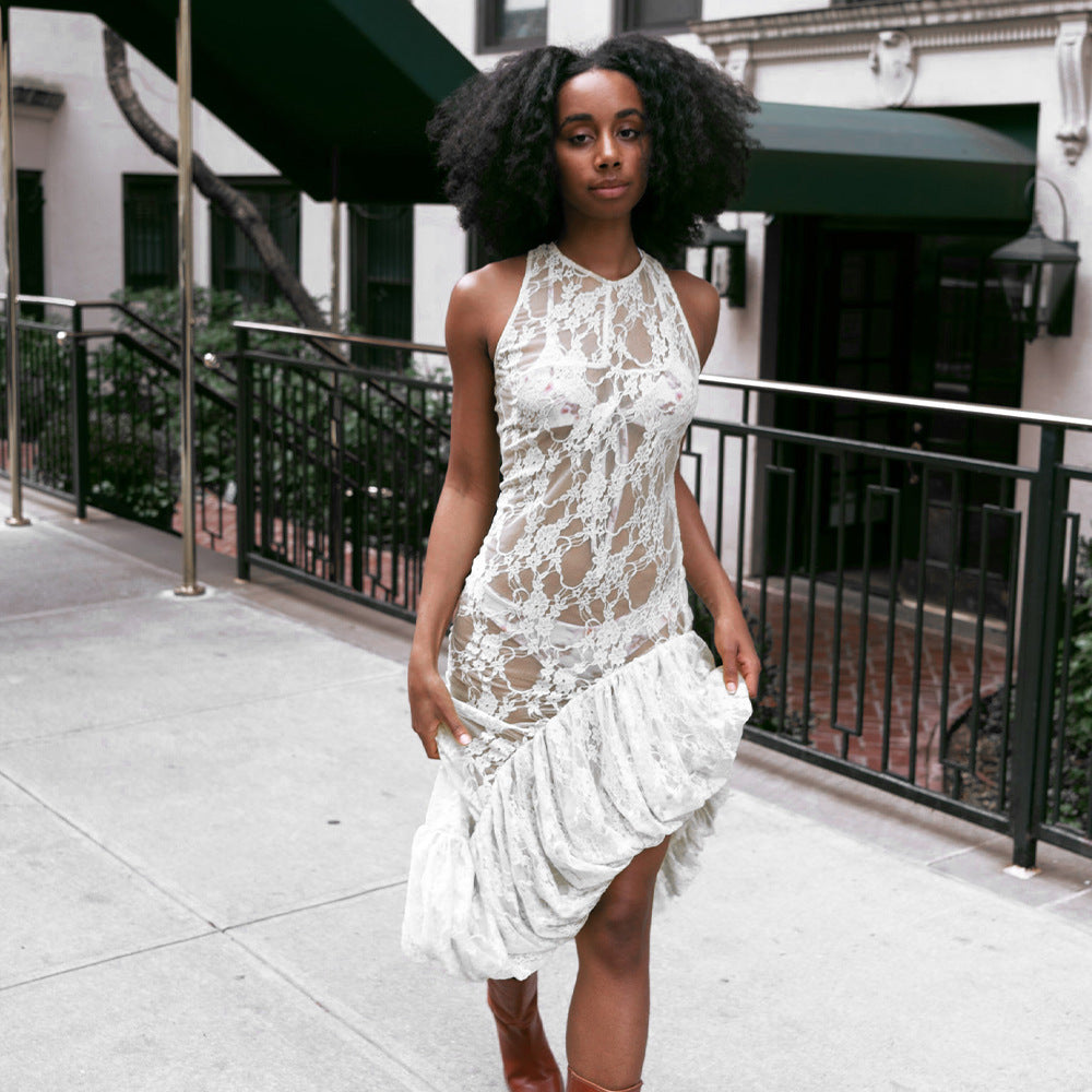 Vestido largo asimétrico irregular de encaje transparente de verano sin mangas con cuello redondo para mujer