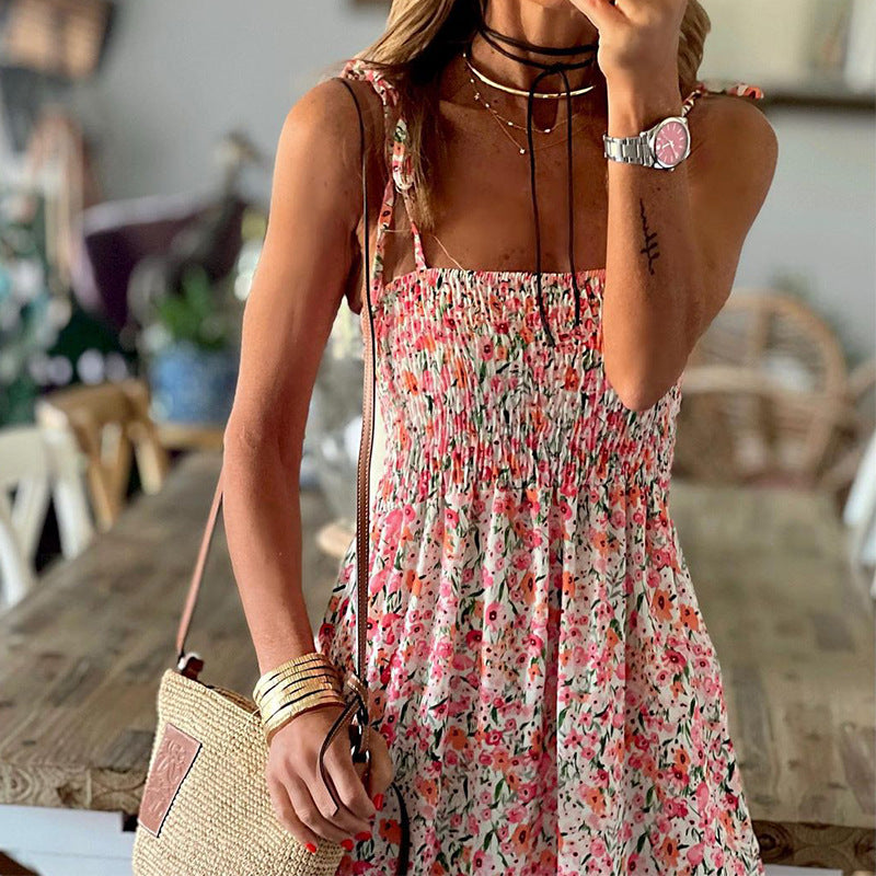 Robe d'été sexy à bretelles fleuries bohème pour femme