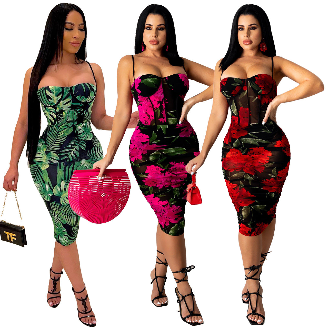 Printed Sexy Dress Pleated Slim Strap Nightclub