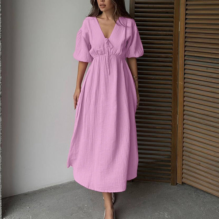 Robe longue trapèze en champray double épaisseur de coton pour femme, taille haute, col V, manches bouffantes, lacets.