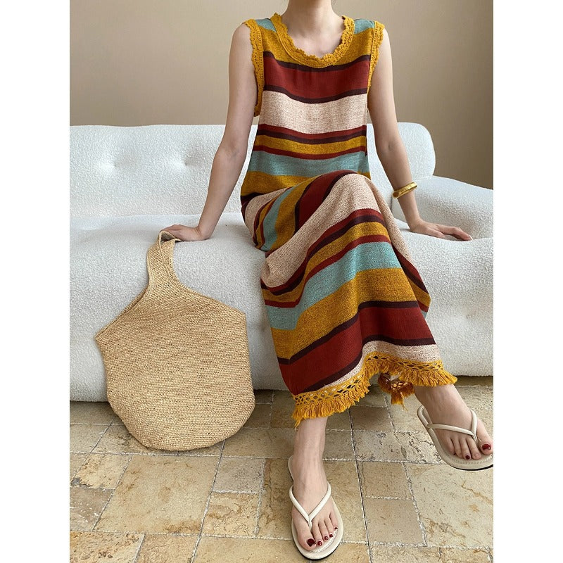 Robe sans manches rayée colorée à col rond et pompons en lin Tencel Lazy Vacation