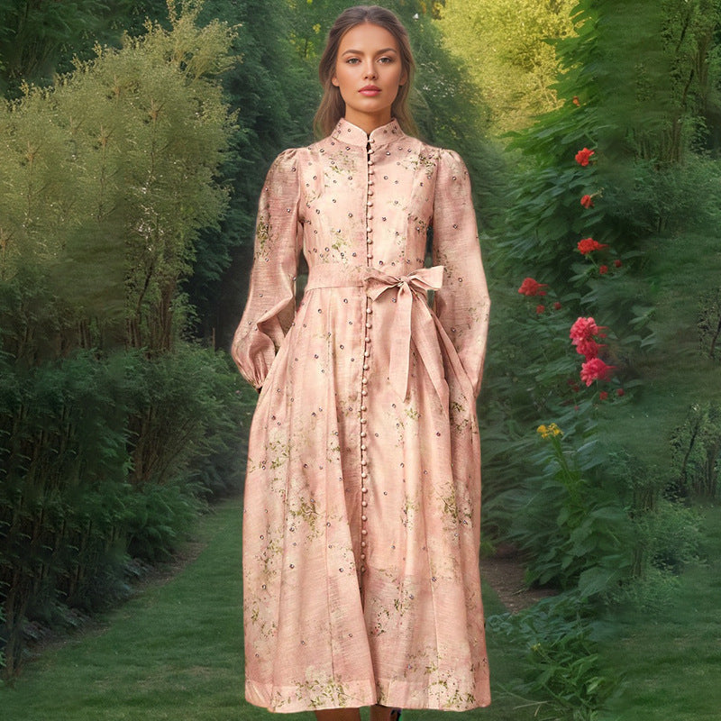 Beautiful Tea Break Dress Spring Summer Small Stand Collar Printed Lace up Waist Slimming Dress Women