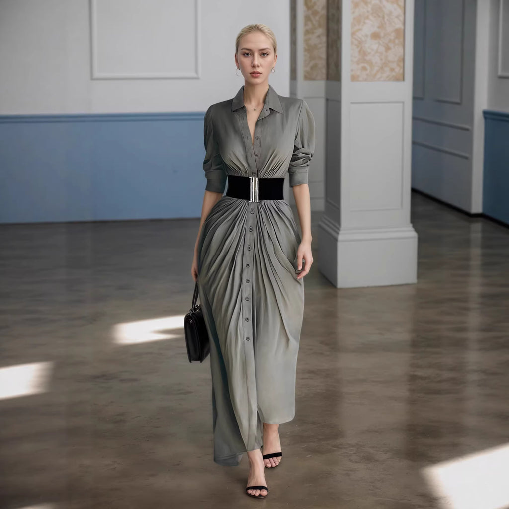 Spring Autumn French Elegant Collared Breasted Shirt Dress with Belt Dress