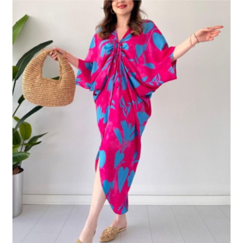 Robe femme asymétrique à manches chauve-souris amples, imprimé décontracté et cordon de serrage