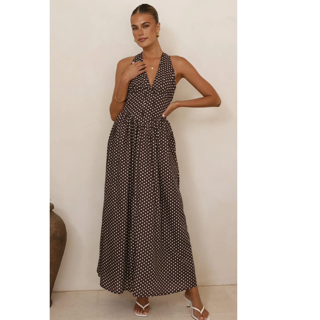 Robe de vacances à pois, dos nu, décolleté plongeant en V