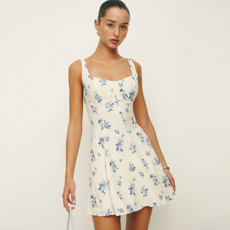 Robe nuisette imprimée d'été pour femme, col carré, dos nu, motif floral frais et délicat, coupe trapèze