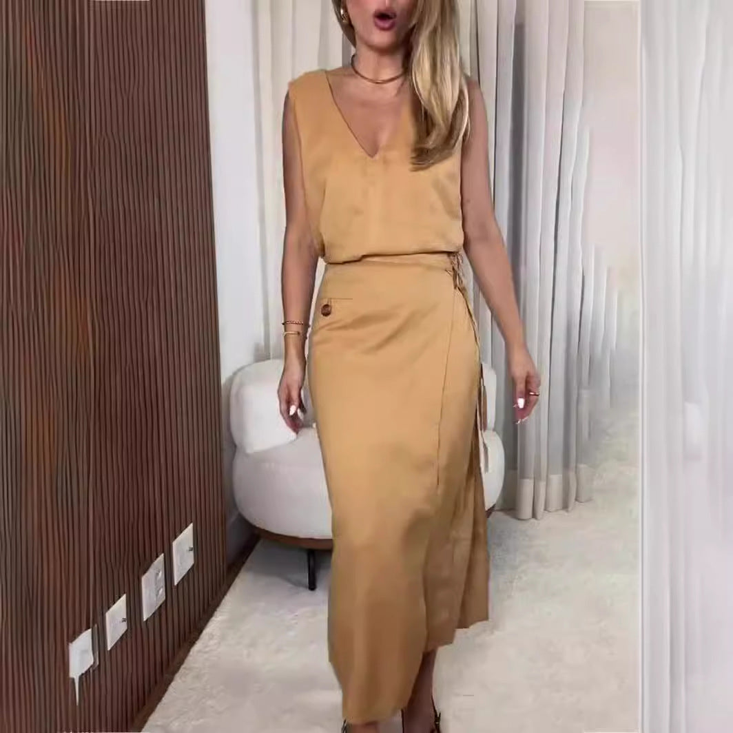 V Neck Sleeveless Irregular Asymmetric Lace Up Slim Dress Faux Two Piece Split Women Clothing