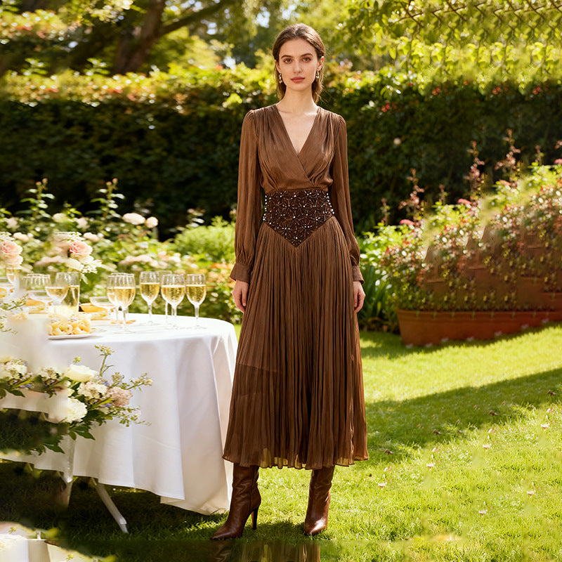 Robe élégante à manches longues unie à motif diamant, robe d'automne de haute qualité affinant la taille pour femme