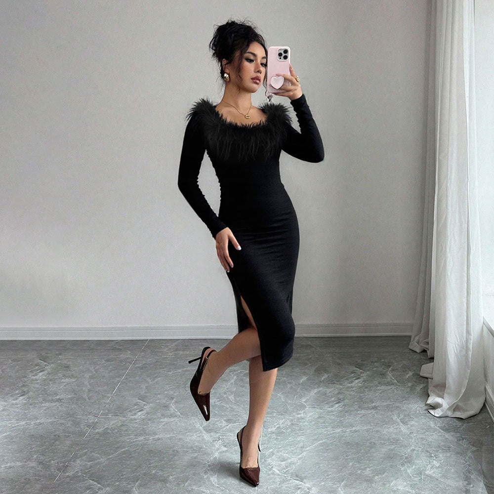Robe longue moulante en peluche noire à encolure en peluche, fente latérale, élégante robe de soirée pour femme, automne-hiver.