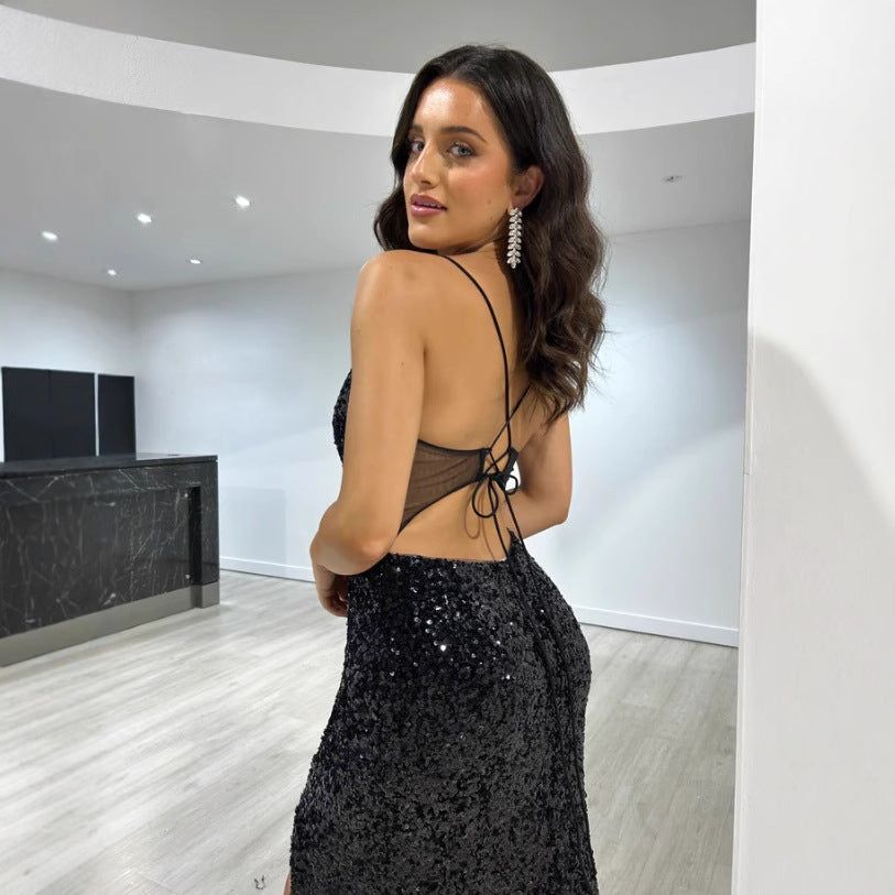 Vestido de cóctel sexy con lentejuelas y abertura en la cintura, vestido largo ajustado.