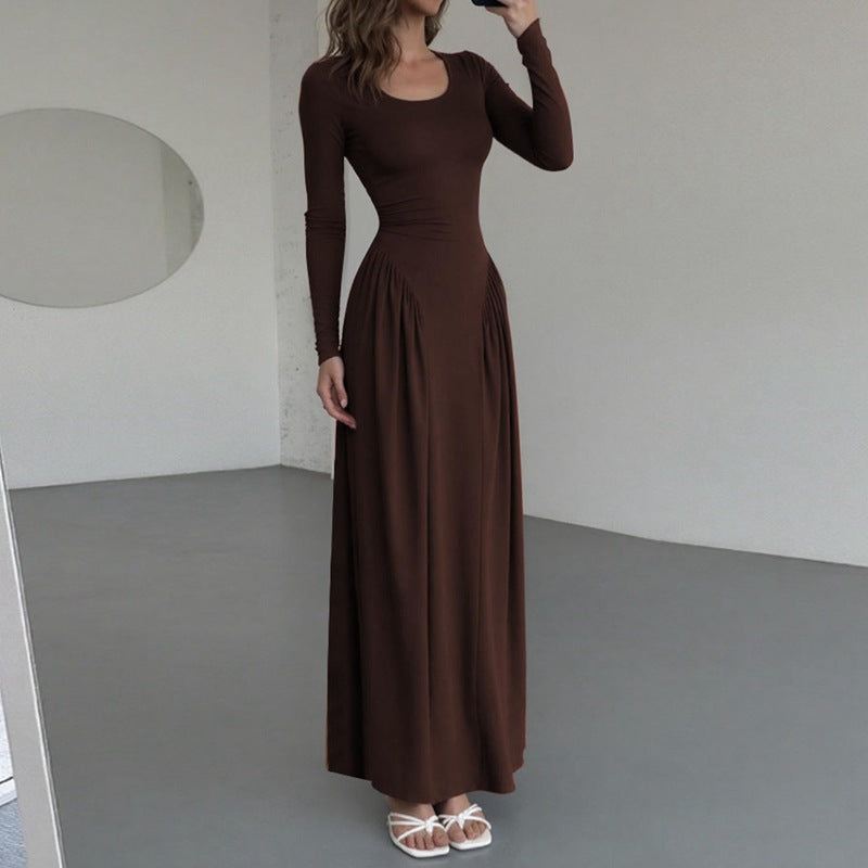 Robe d'automne pour femme, col en U, couleur unie, manches longues, taille cintrée