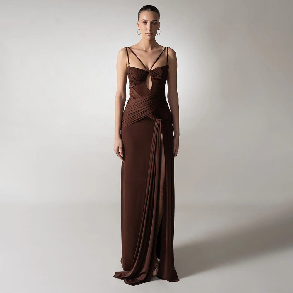 Robe longue moulante sexy dos nu marron plissée à ruban