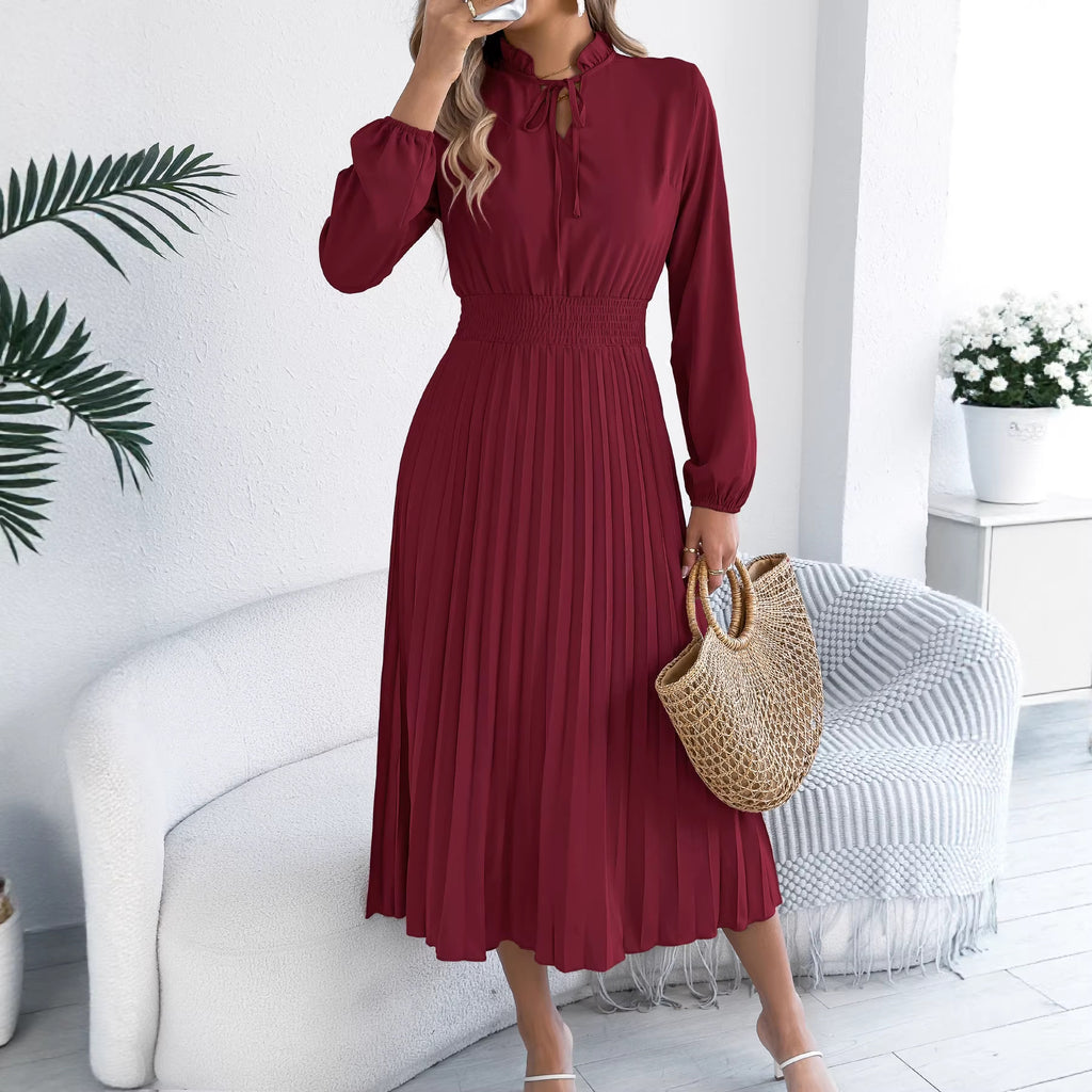 Robe longue plissée élégante à lacets et manches lanternes, collection printemps-été pour femmes