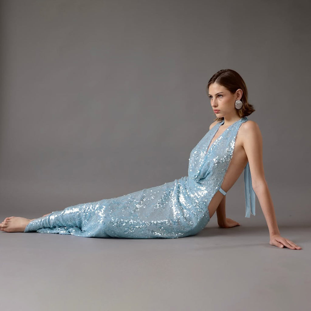 Winter Women Clothing Sequined Swing Collar Sexy Backless Halter Self Tie Slit Dress