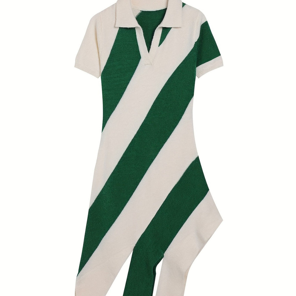 Vestido de punto ajustado con cuello polo, borlas, rayas, colores a juego, personalidad, manga corta