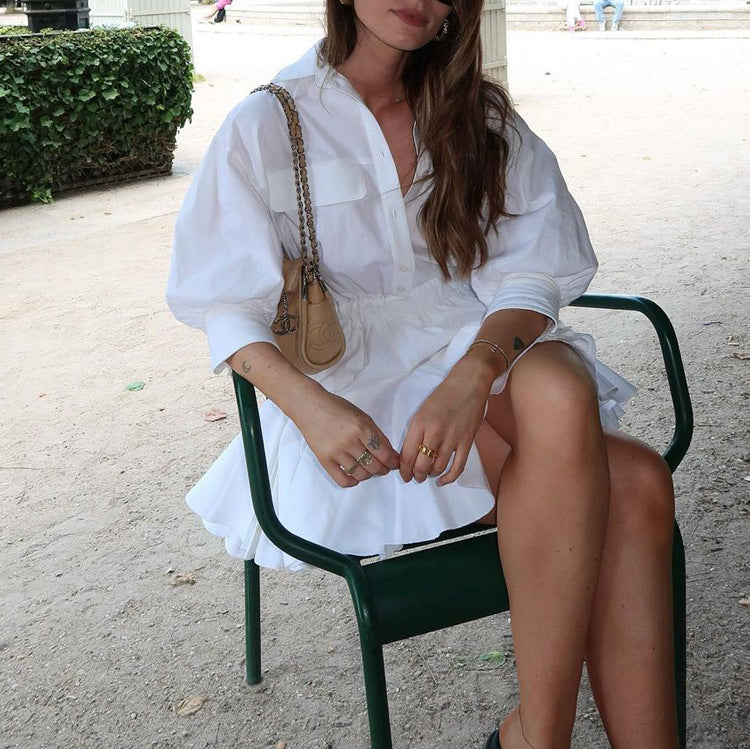 Robe chemise courte décontractée pour femme, en coton, à col et manches 3/4, style français.