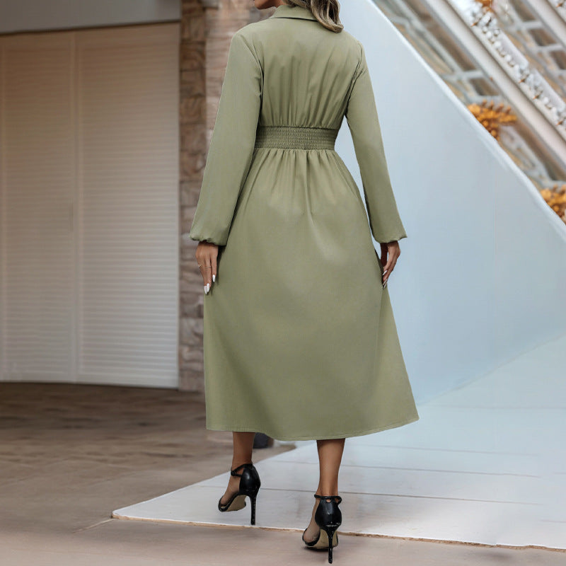 Spring Autumn Cardigan Button Polo Collar Solid Color Long Sleeve Slim Fit Dress