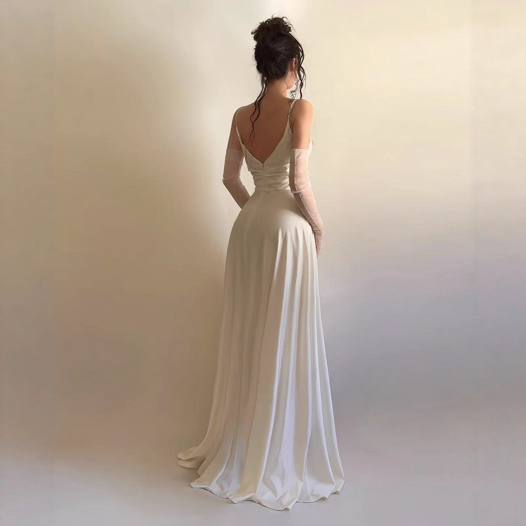 Autumn Winter Elegant Sexy Sling Slit V neck Pleated Ball Dress