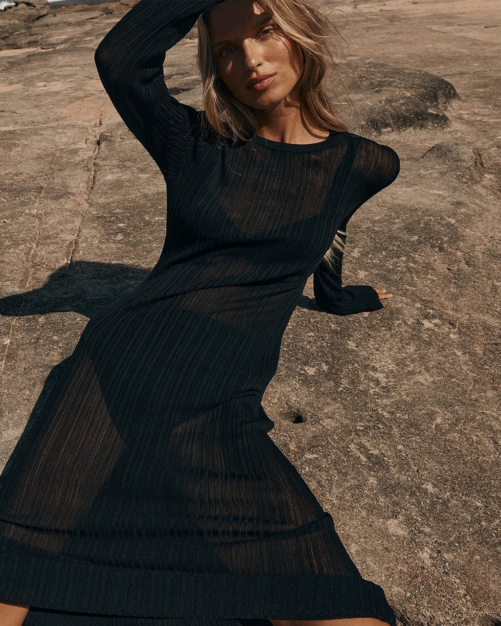 See Through Knitted Long Sleeved Dress Casual Waist Tight Slim Fit Round Neck Big Pit Stripe Slimming Knitted Maxi Dress Women
