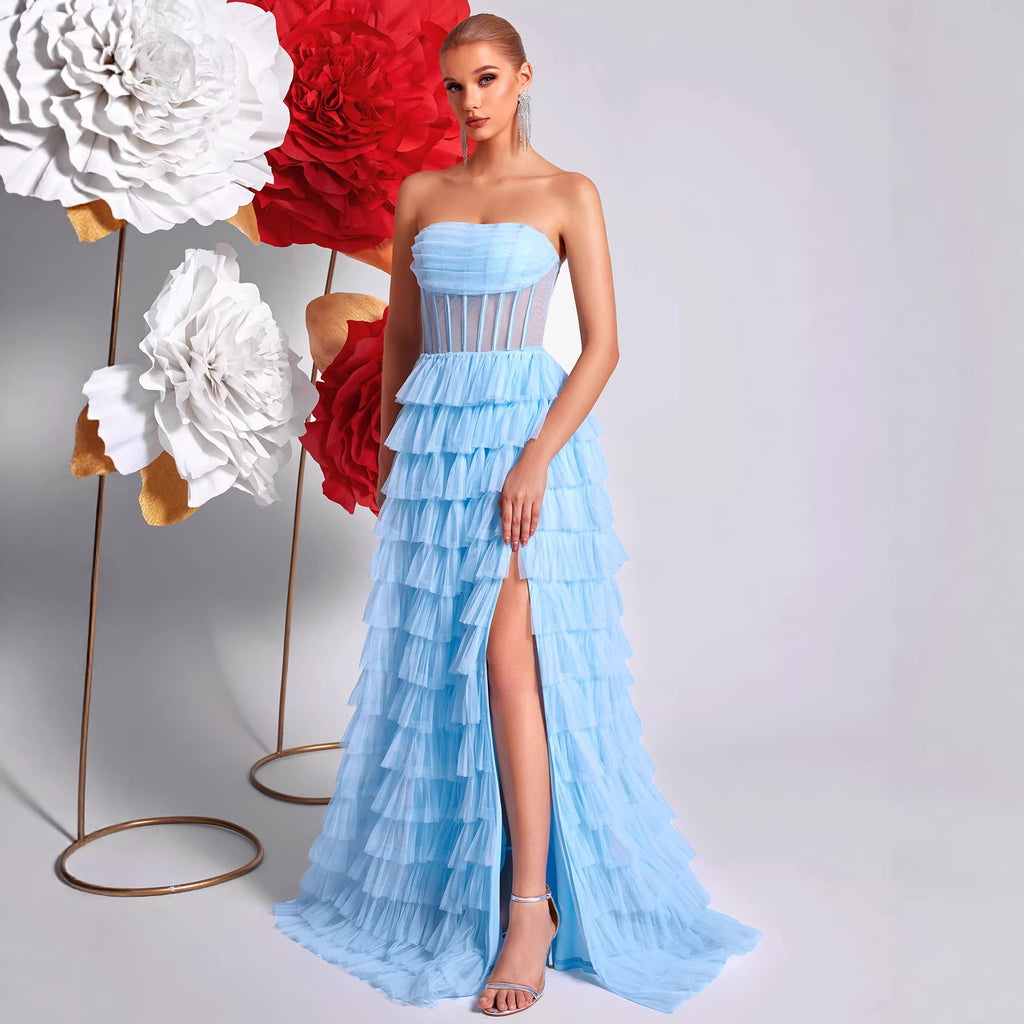 Ice Blue Strapless Evening Dress Three Dimensional Multi Layer Mesh Design See through Waist Split Cocktail Dress