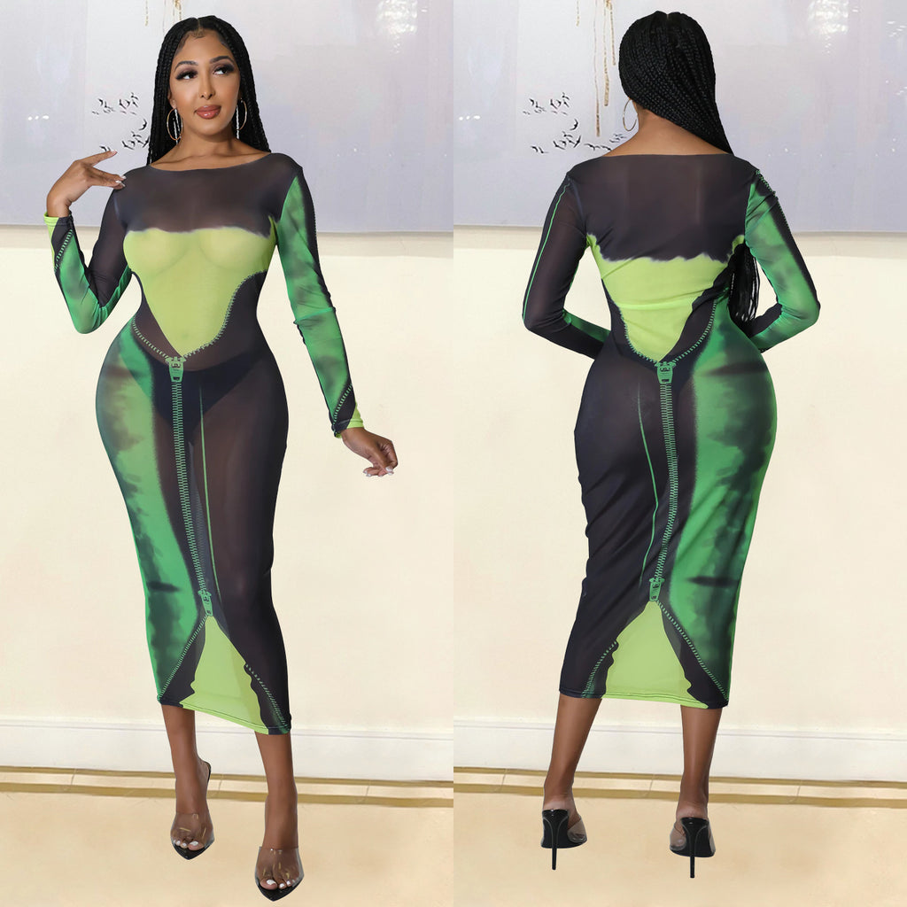 Summer Women Clothing Sexy Mesh Floral Print Long Sleeve Mid-Length Women Dress