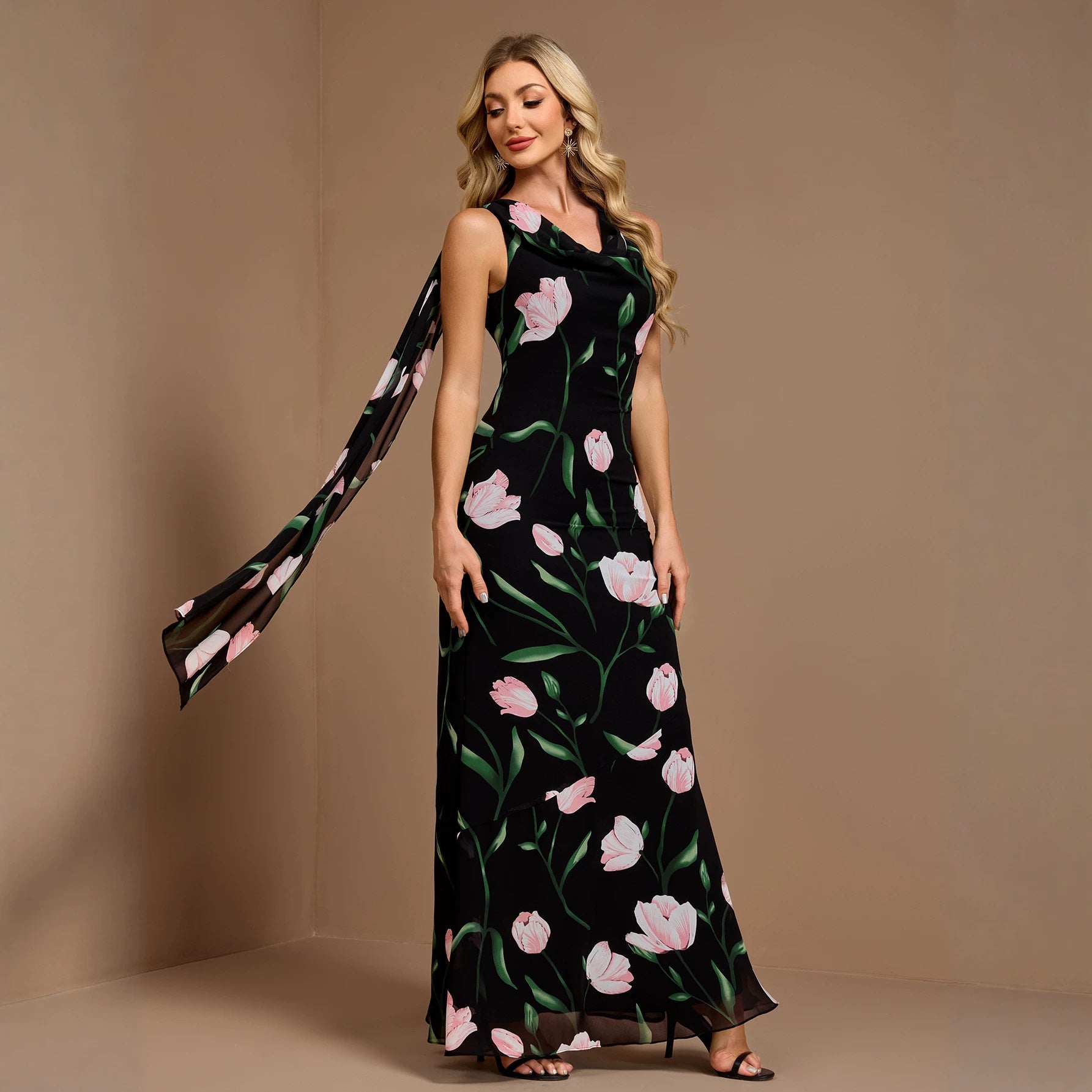 Vestido veraniego sin mangas con estampado, espalda en V grande, cuello redondo, corte en A, acampanado, con cinta, para mujer
