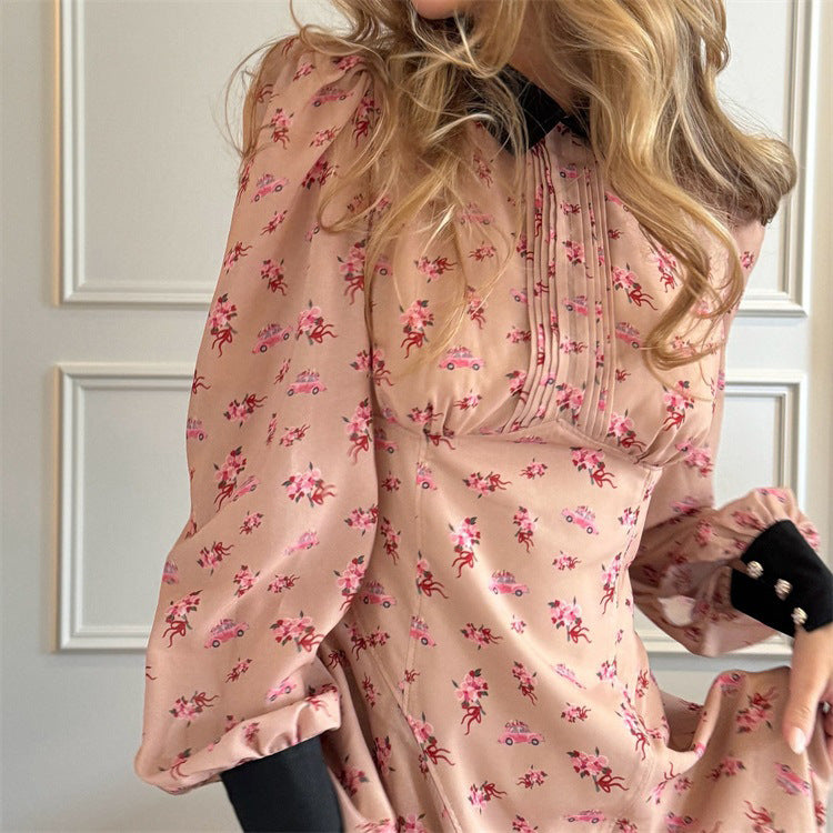 Robe française pour femme, imprimée en contraste de couleurs, plissée, col, manches longues, taille haute, coupe trapèze
