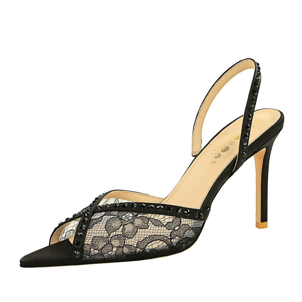 Super High Heel Cocktail Sandals Rhinestone Embellished Lace Mesh Back Empty Back Strap Open Toe Women Shoes