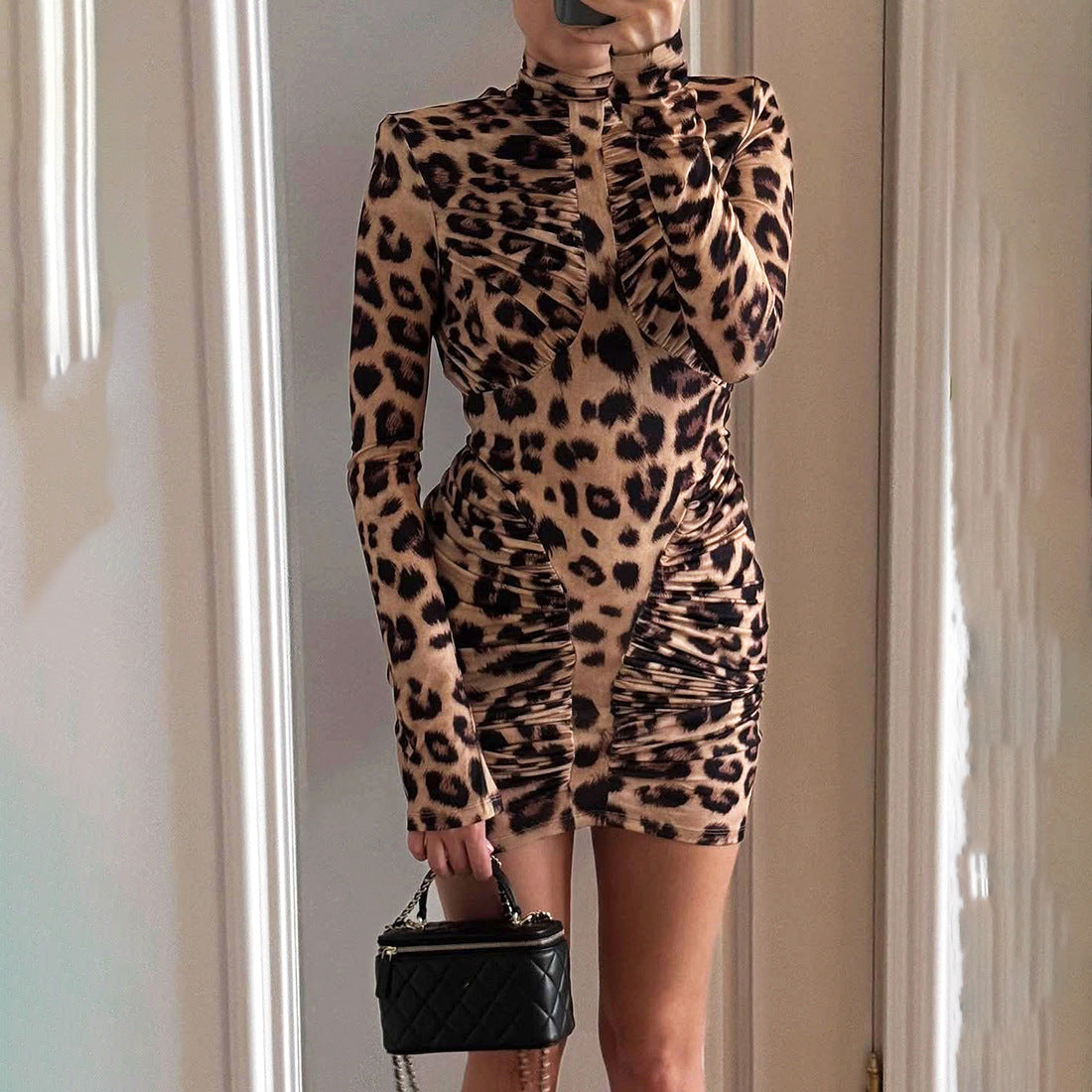 Autumn Winter Sexy Slim Fit Backless Half Turtleneck Pleated Solid Color Sheath Dress for Women