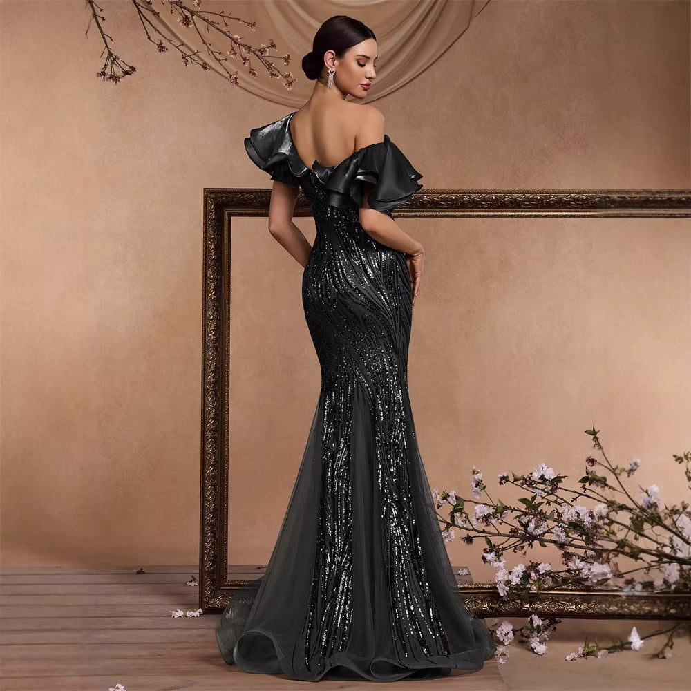 Elegante vestido de cóctel con lentejuelas y mangas con volantes, elegante vestido de cena con espalda descubierta y cola de pez de lujo para graduación y noche.