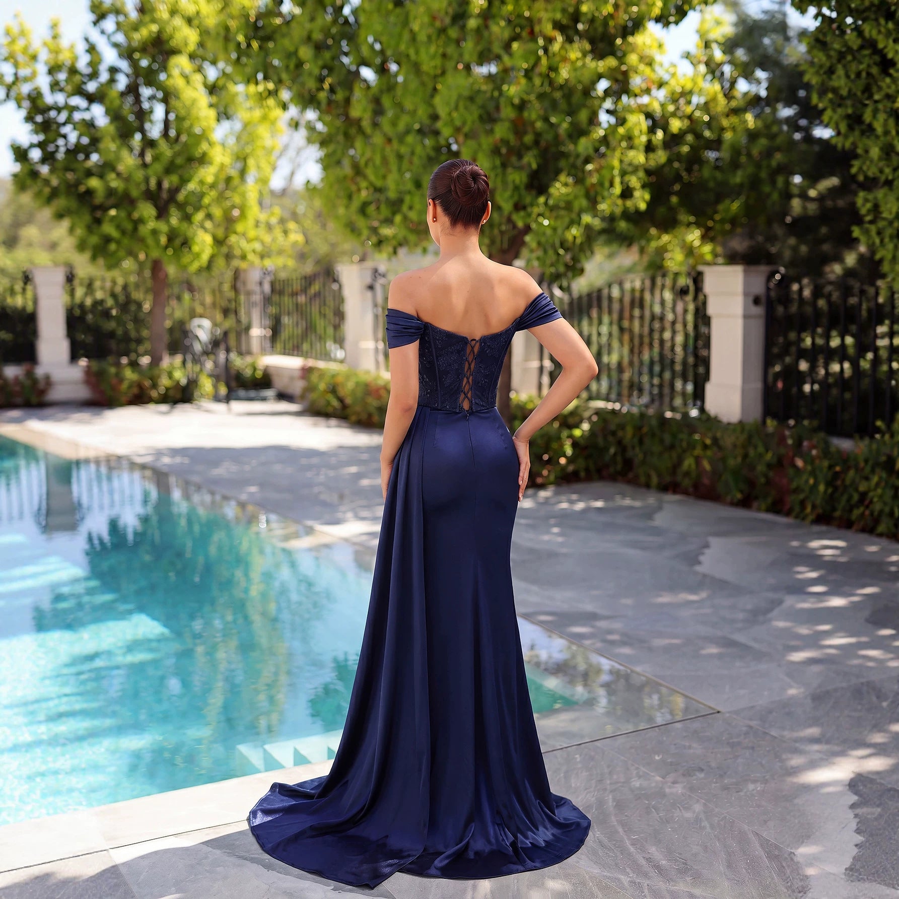 Navy Blue off-Shoulder Tube Top Boning Corset Lace Waist Dress High Slit Trailing Cocktail Host Evening Dress