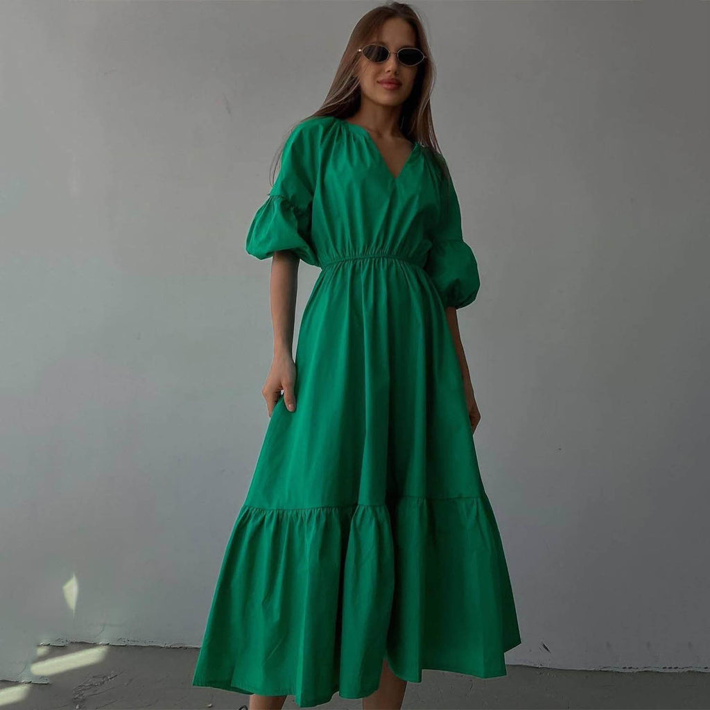 V neck Dress Office High Waist French Half Sleeve A line Dress Women Casual Dress Summer