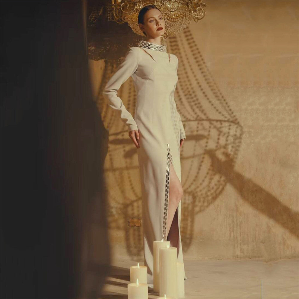 Vestido de una pieza con cuentas y manga larga para mujer, elegante y formal para fiesta