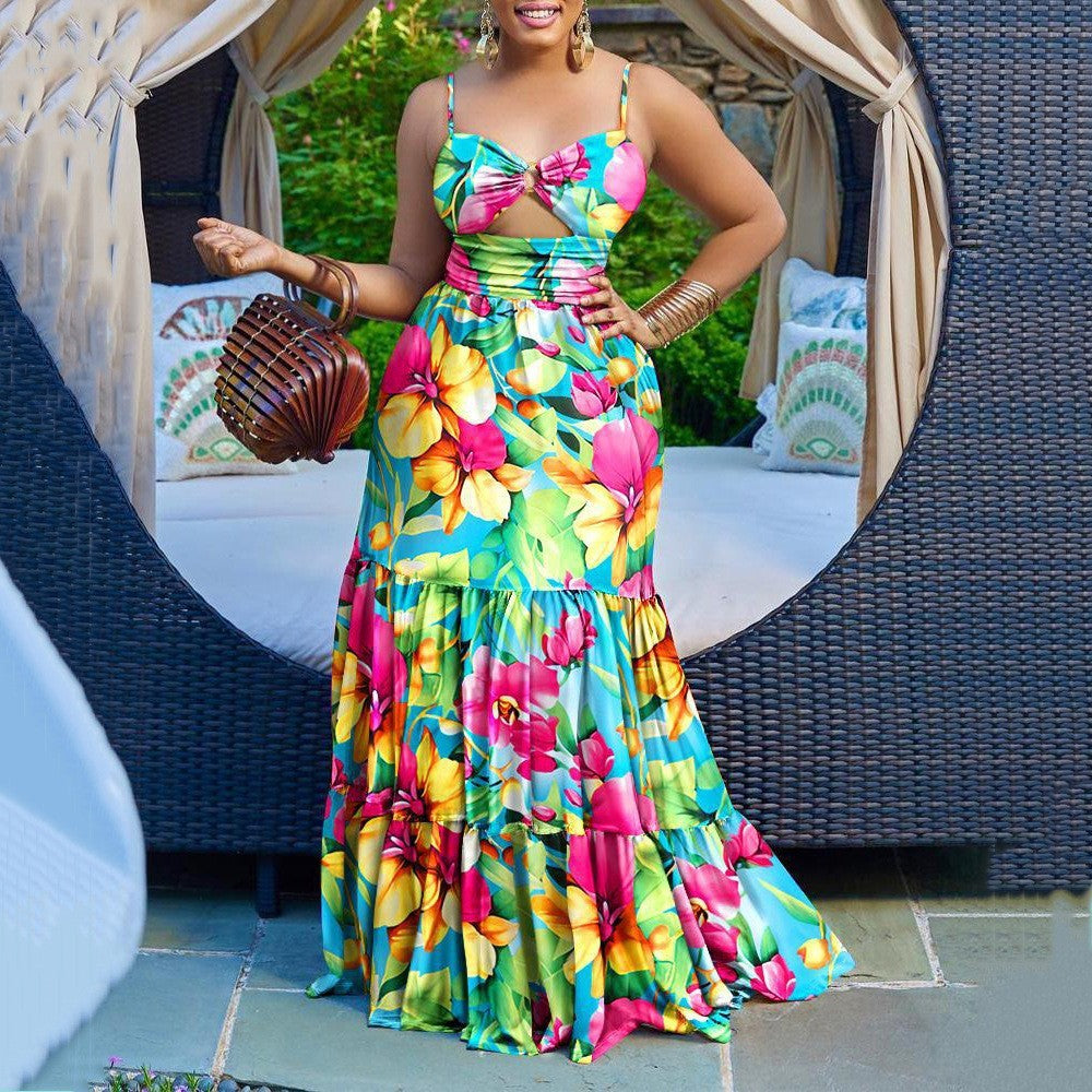 Vestido maxi sin mangas con espalda descubierta y estampado de tirantes sexy para mujer de verano