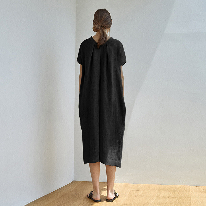 Vestido de verano de lino puro, holgado, con cintura ancha y cordones, midi.