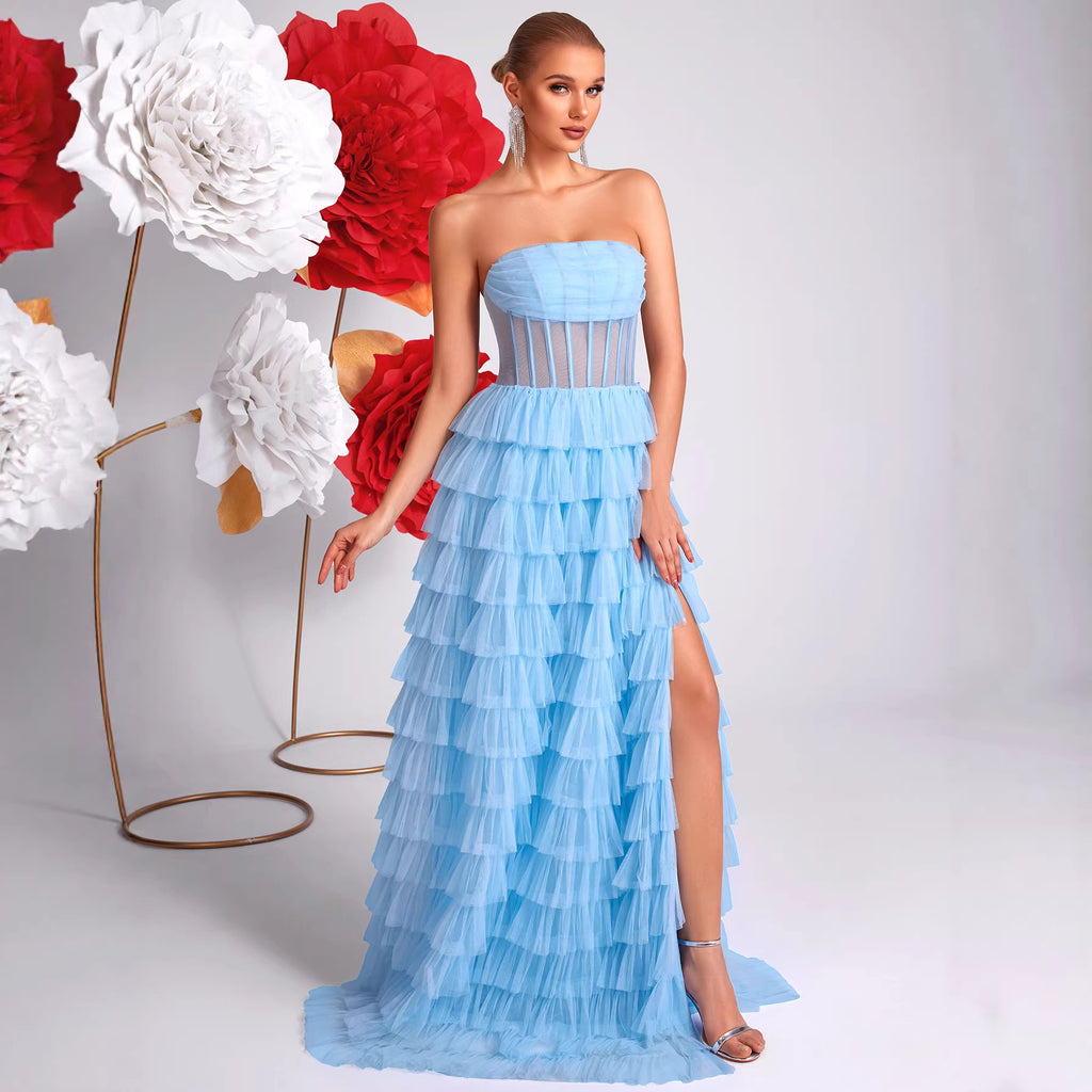 Ice Blue Strapless Evening Dress Three Dimensional Multi Layer Mesh Design See through Waist Split Cocktail Dress