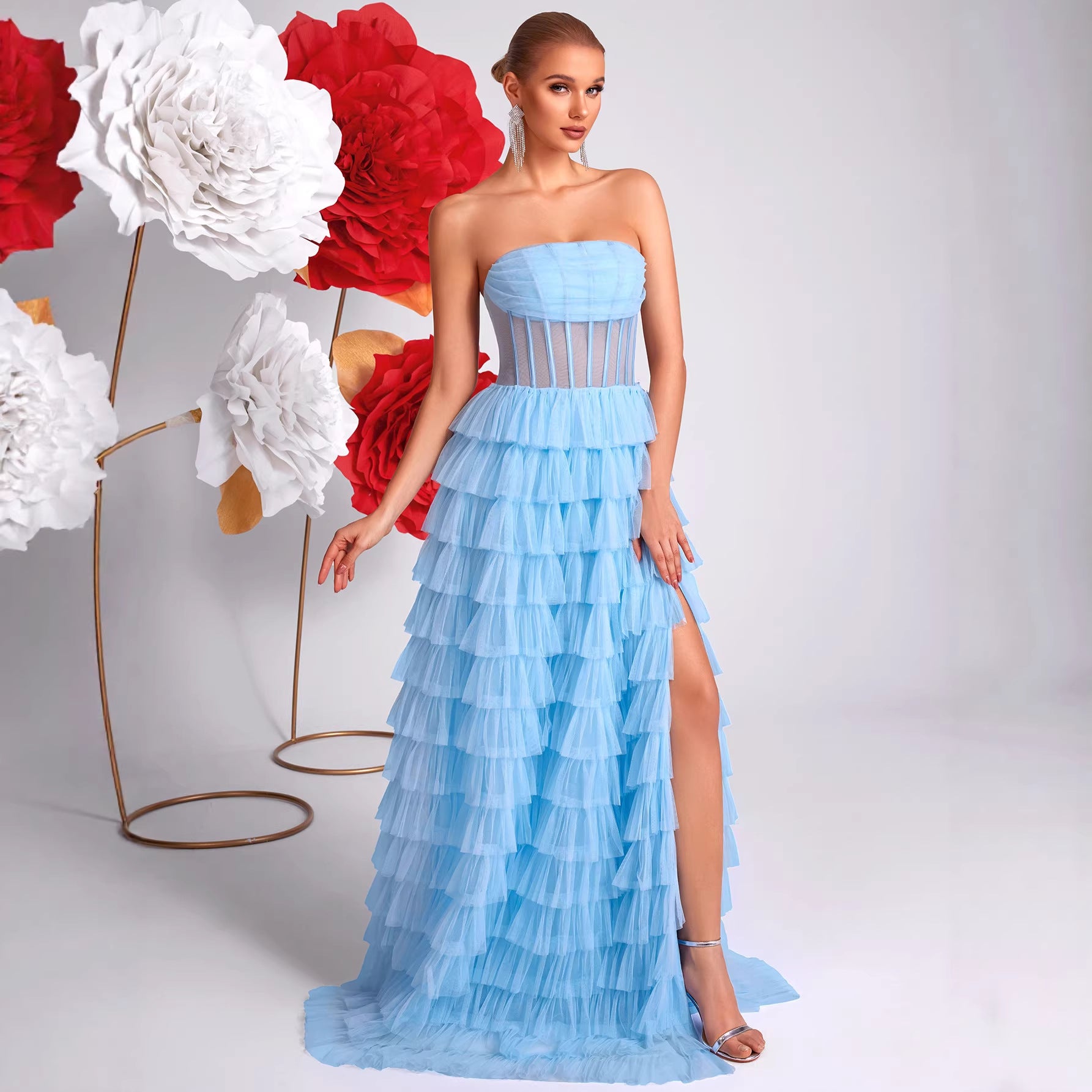 Ice Blue Strapless Evening Dress Three Dimensional Multi Layer Mesh Design See through Waist Split Cocktail Dress