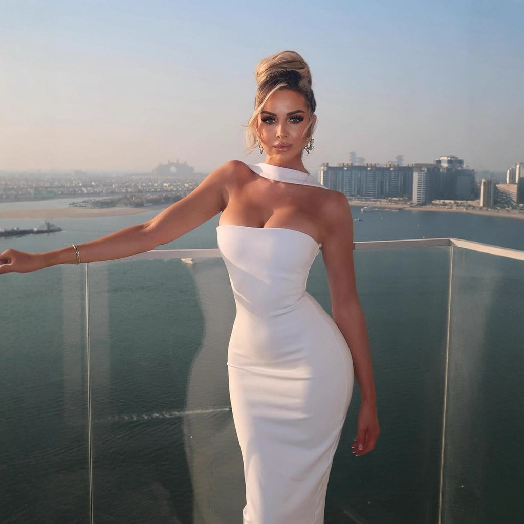 Women Tube Top off the Shoulder Collar French Halter Backless Slim Hip Split Dress