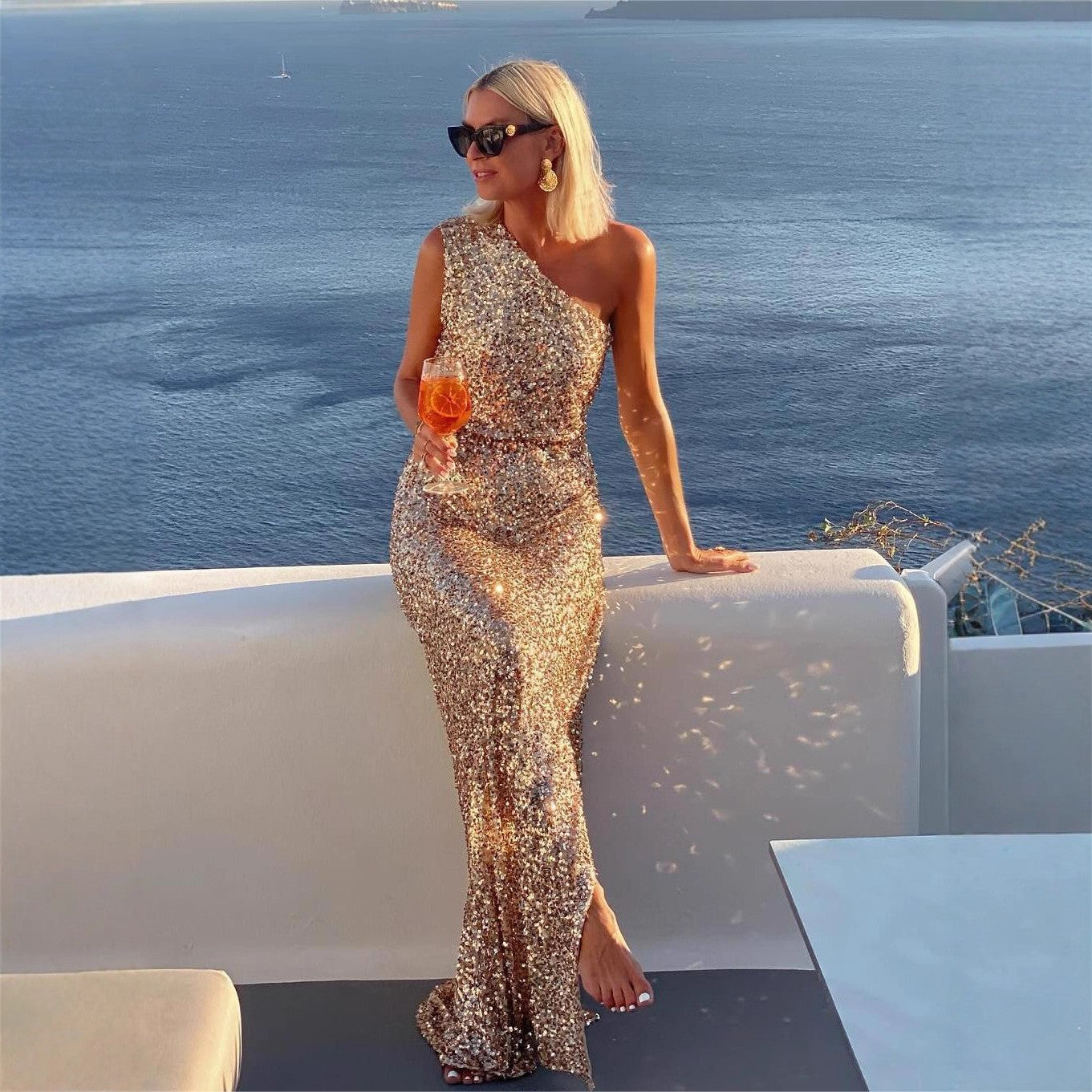Summer One Shoulder Split Sequined off Shoulder Elegant Dress